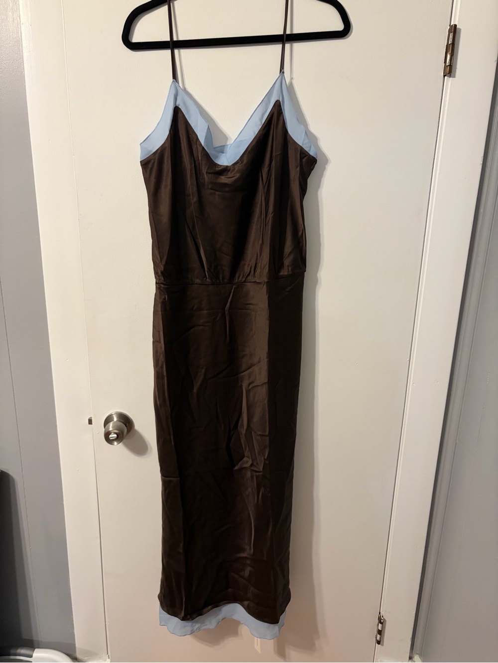 Reformation Brown Midi Slip Dress with Light Blue Trim